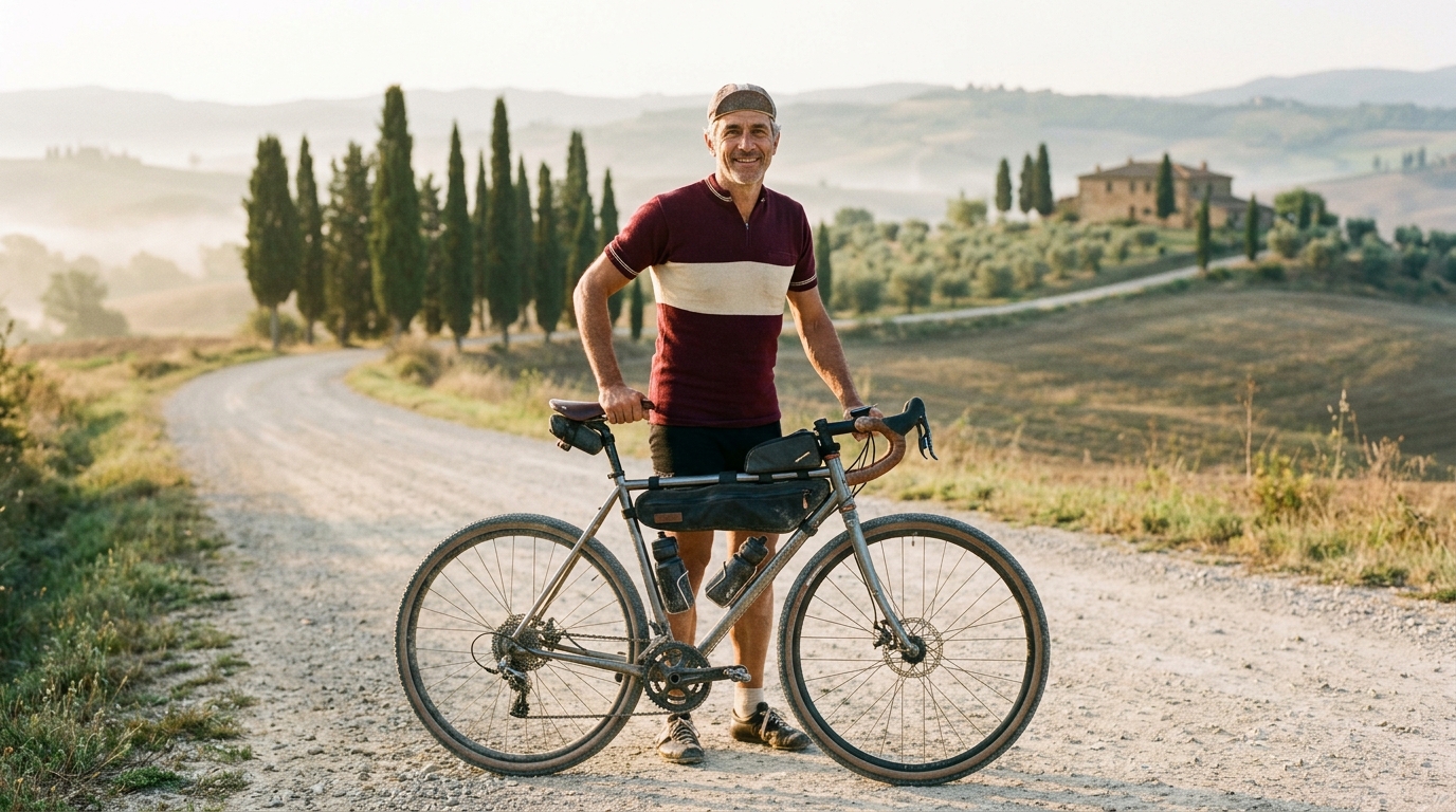 Marco Ferri con la sua bicicletta sulle colline toscane